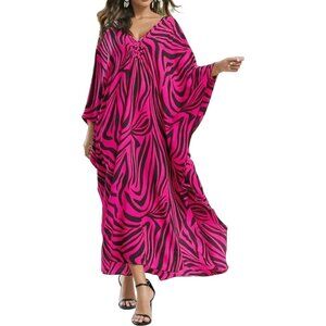 Women's Black Pink Zebra V-neck Batwing Sleeve Flowy Split Bohemian Kaftan Dress